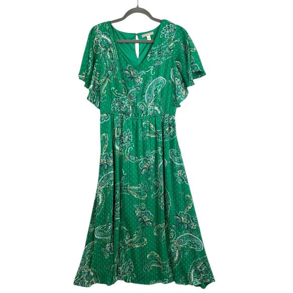 Dana Buchman Paisley Midi Dress Size M Green Flutter Sleeve A-Line Layered - Picture 1 of 15